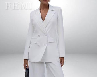 Weißer Frauen Anzug für Hochzeit | Weißer formaler Frauenanzug | Blazer + Bauchfreies Top+ Hose | Elizabeth Modell