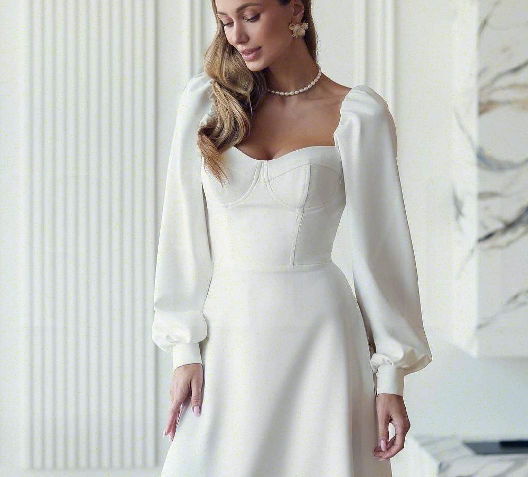 White Midi Bridal Dress With Puff Sleeves, White Midi Wedding Dress, Elegant Courthouse or Garden Ceremony Gown, Romantic Bridal Look - Etsy White Midi Bridal Dress With Puff Sleeves, White Midi Wedding Dress, Elegant Courthouse or Garden Ceremony Gown, Romantic Bridal Look - Etsy