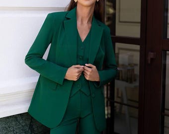 Emerald Three Piece Suit for Women - Green Suit with Vest Blazer Straight Pants , Office Suit, Business Pantsuit, Wedding Guest Outfit