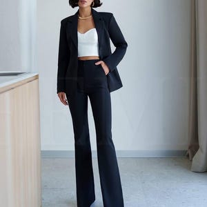 Black Women Suit, Formal Black Pantsuit for Women, Blazer with Flare Pants, Two Piece Suit, Wedding Guest Suit, Office Wear, Prom Pantsuit