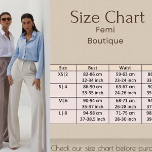 May include: Two women in stylish outfits stand next to a size chart. The chart, from Femi Boutique, details bust, waist, and hip measurements in both centimeters and inches for sizes XS to L. The chart is for clothing.