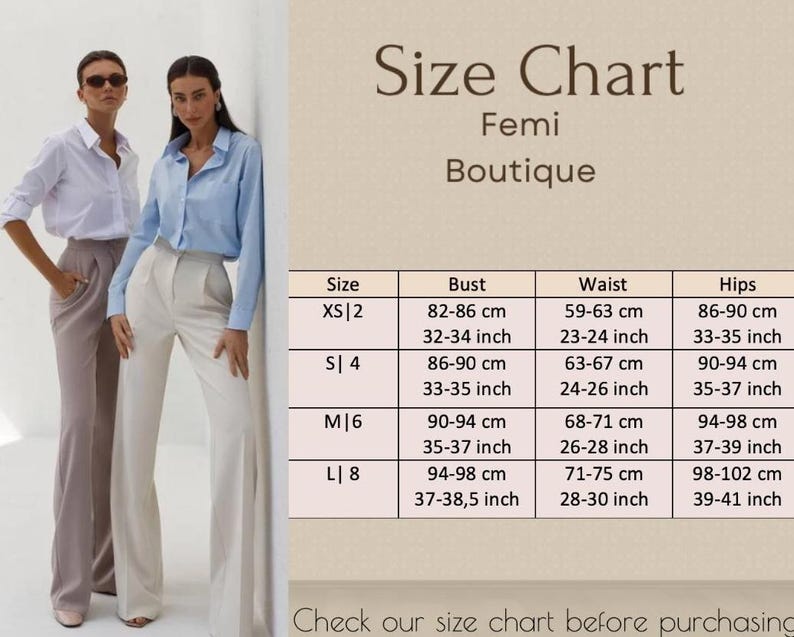 May include: Two women in stylish outfits stand next to a size chart. The chart, from Femi Boutique, details bust, waist, and hip measurements in both centimeters and inches for sizes XS to L. The chart is for clothing.