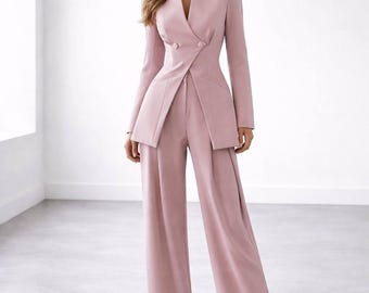 Elegant Pink Two Piece Pantsuit - Cinched Waist Blazer with Wide Leg Pants, Wedding Guest Suit, Prom Outfit