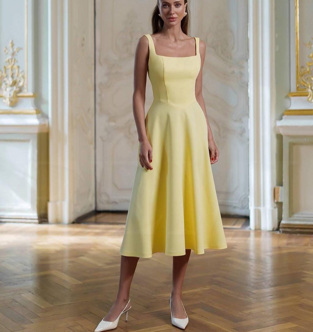 Butter Yellow Square Neck Midi Dress | Minimalist Tea Length Bridesmaid Dress | Flowing Midi Skirt | Elegant Summer Wedding Outfit Butter Yellow Square Neck Midi Dress | Minimalist Tea Length Bridesmaid Dress | Flowing Midi Skirt | Elegant Summer Wedding Outfit