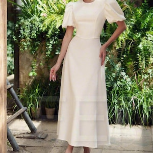 Simple Wedding Dress White A-Line Midi Dress with Short Puff Sleeves for Bridal Shower  Engagement Civil Dress Summer Bridal Gown