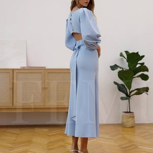 Abito midi da donna azzurro chiaro, abito blu con maniche a sbuffo, abito blu con schiena scoperta, elegante abito midi da donna per matrimonio, ballo di fine anno, occasioni speciali, damigella d&#39;onore