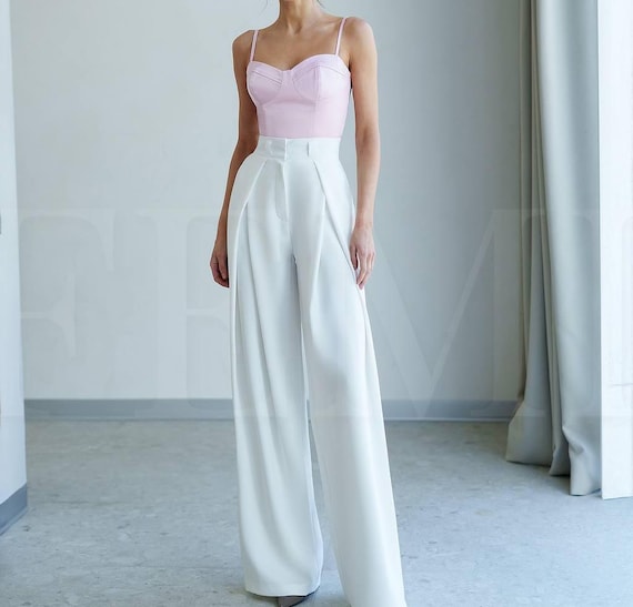 white high waisted wide leg dress pants CHRISTIAN DIOR Size 31 White Pleated High Waisted Wide Leg Dress Pants –  Sui Generis Designer Consignment main image 1