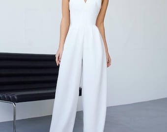 White Bridal Crepe Jumpsuit - Elegant Sleeveless Wide Leg Wedding Outfit