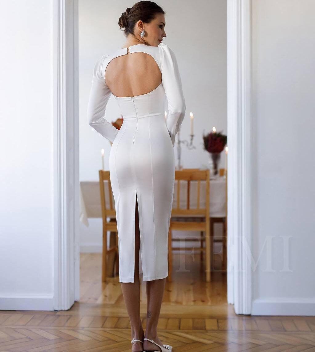 White Cocktail Open Back Dress, White Midi Long Sleeve Dress , Bridal Midi Dress , Satin Wedding Dress