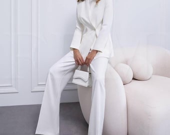 Bridal Two Piece Suit : Crepe Women Pantsuit for Civil Wedding Rehearsal Dinner