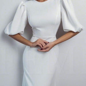 Elegant White Civil Wedding Dress, Bridal Midi Gown with Short Puff Sleeve for Courthouse Elopement , Simple Wedding Dress, White Midi Dress