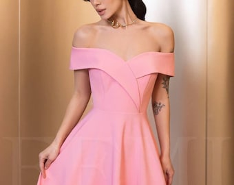 Elegant Pink Midi Dress, Off Shoulder Corset Dress, Wedding Guest Dress, Formal Evening Dress, Bridesmaid Dress Midi