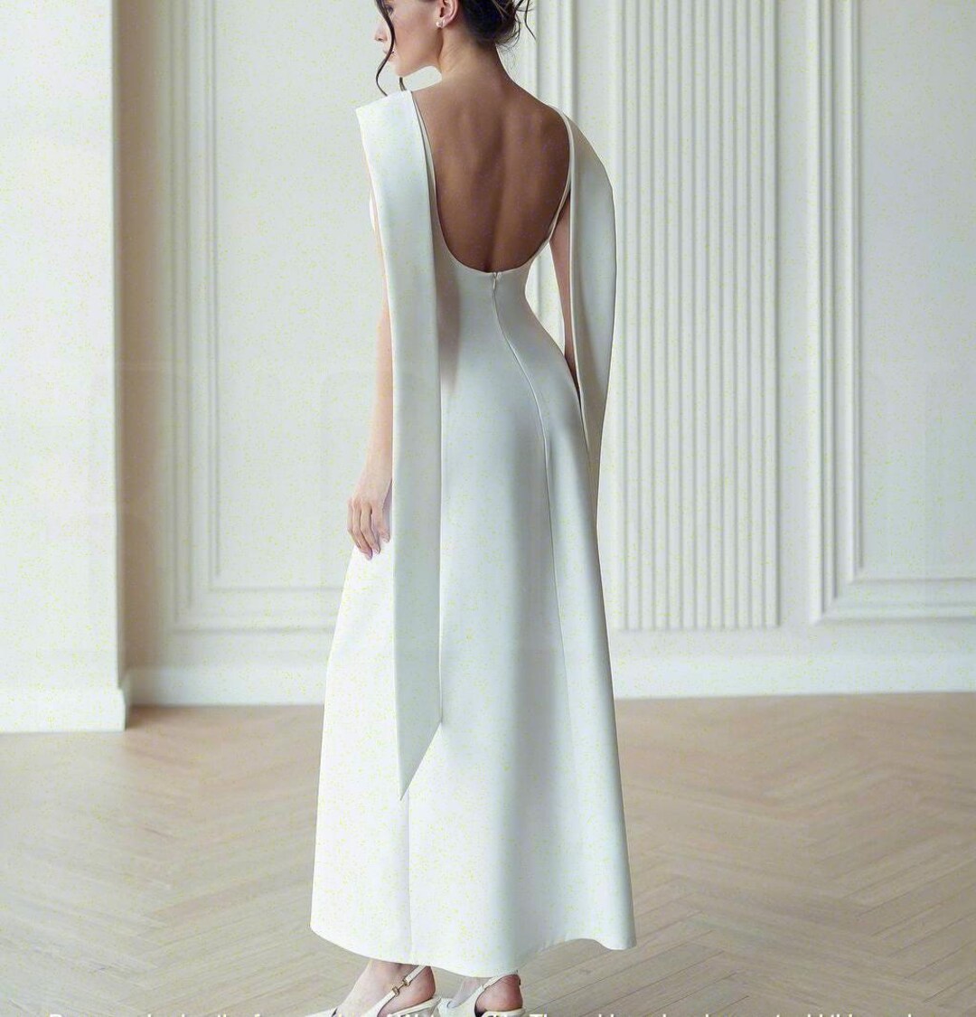 White Maxi Wedding Dress, Long Gown With Cape Shoulder Ties and Open ...