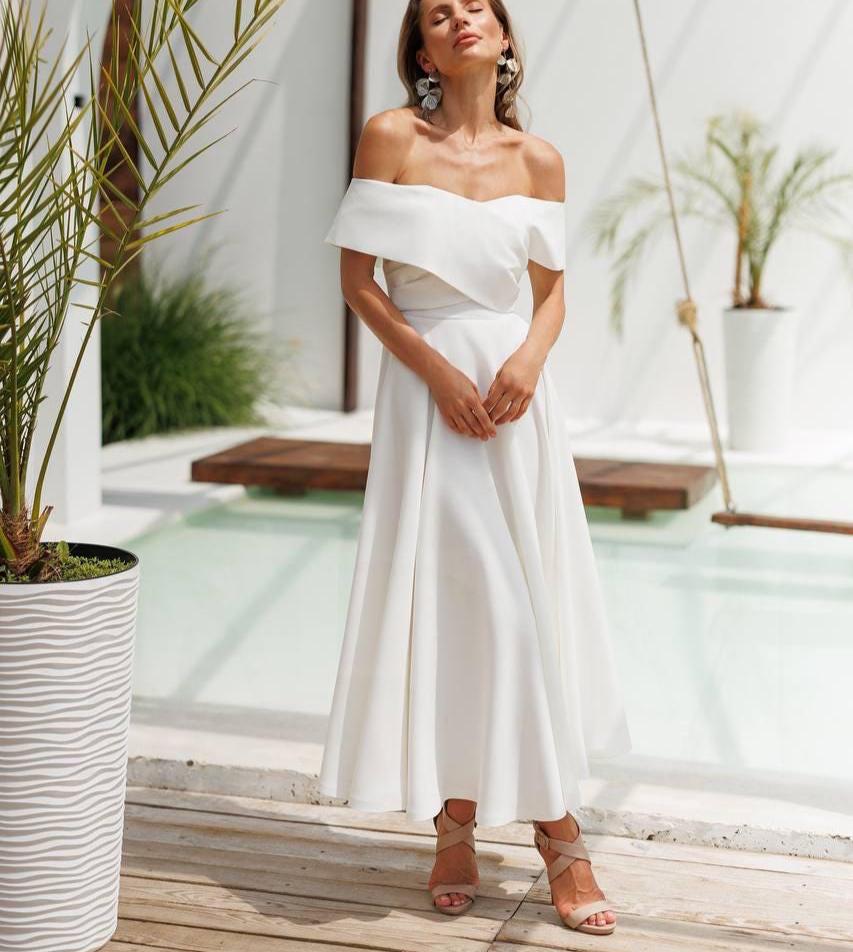 white off the shoulder tea length dress satin prom white evening dress The lace 50s Style Off The Shoulder