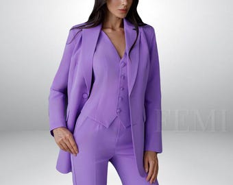 May include: A lavender-colored suit with a blazer, vest, and pants. The suit has a classic tailored fit and a button-up closure.