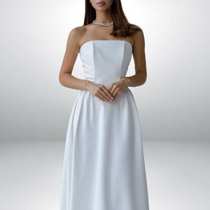 White Corset Midi Dress, Elegant Strapless Flare Dress