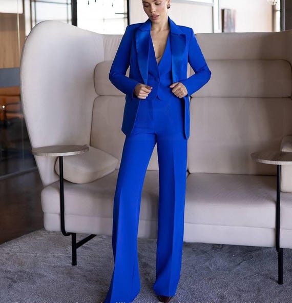 royal blue dress pants women Royal Blue Pantsuit - Women's Three Piece Suit With Satin Lapel