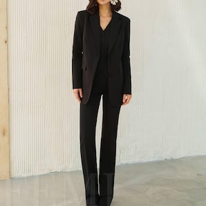 Black Three Piece Suit for Women - Blazer , Tailored Vest and Straight-Leg Pants- Perfect for Business Meeting and Office Wear