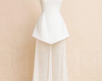 White Strapless Corset Wedding Dress with Structured Skirt and Sheer Overlay - Minimalist Bridal Gown for Civil Ceremony or Modern Bride