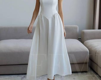 Elegant Strapless Corseted Dress Wedding Ball Gown Basque Waist Dress Fluffy Skirt for Engagement, Courthouse, Elopement, Wedding Guest