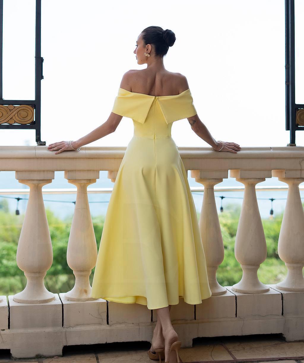 Heloise Yellow Off Shoulder Butter Yellow Midi Dress | Tea Length Yellow Dress ...