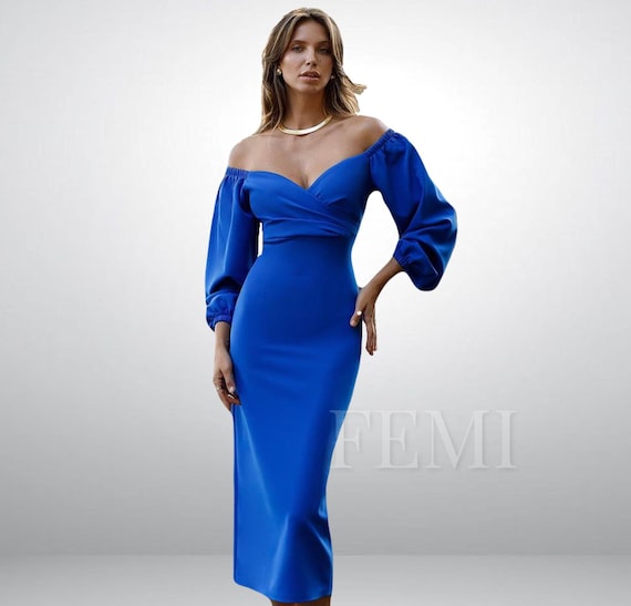 Abito da donna blu con maniche a sbuffo midi/Abito a cuore con