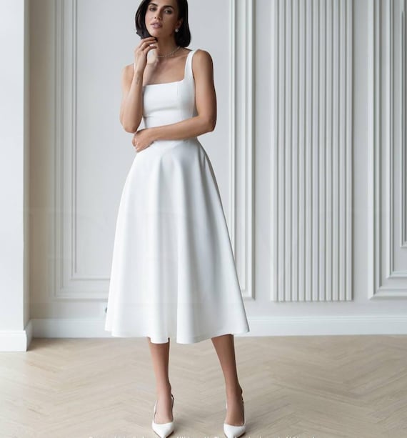 White Midi Wedding Dress | Square Neck Sleeveless Bridal Gown | Minimalist  Tea Length Civil Ceremony Dress | Elegant Elopement Outfit - Etsy
