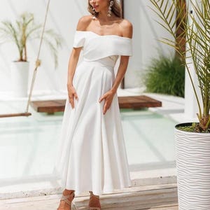 White Tea Length Bridal Dress, Off-Shoulder Wedding Dress in Flowing Crepe for Ceremony or Courthouse, White Civil Wedding Midi Dress