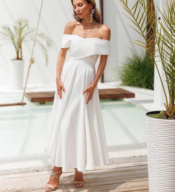 White Tea Length Bridal Dress, Off-Shoulder Wedding Dress in Flowing Crepe for Ceremony or Courthouse, White Civil Wedding Midi Dress