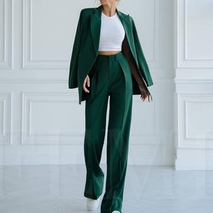 Green Women Oversized Blazer Suit , Two Piece Set with High Waisted Wide Leg Pants, Elegant Office Outfit, Emerald Women Pantsuit Wear