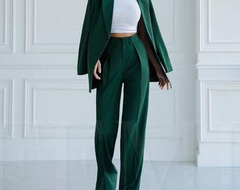 Green Women Oversized Blazer Suit , Two Piece Set with High Waisted Wide Leg Pants, Elegant Office Outfit, Emerald Women Pantsuit Wear