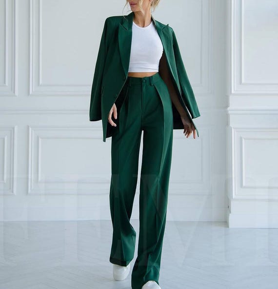 emerald green dress pants women's Flat Front Wide Leg Dress Pants for Tall Women in Smoky Pine 12 / Extra Tall / Smoky Pine