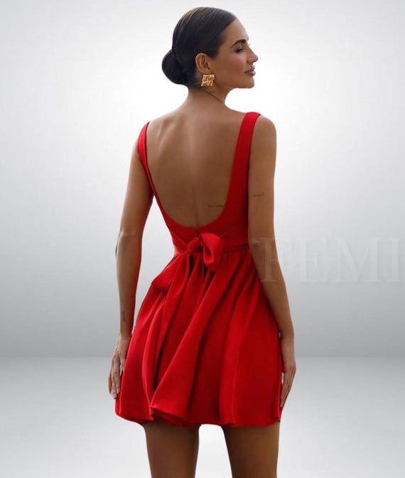 Red Basque Mini Women Dress| Sleeveless Corset Fit and Flare Dress| For Special Occasion and Wedding | Muse Model