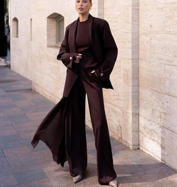 chocolate brown dress pants women's Ryrjj Dress Pants for Women High Waist Straight Wide Leg Palazzo Trousers Loose Comfy Casual Business Work Pants with Pockets(Brown,M), Women's, Size: