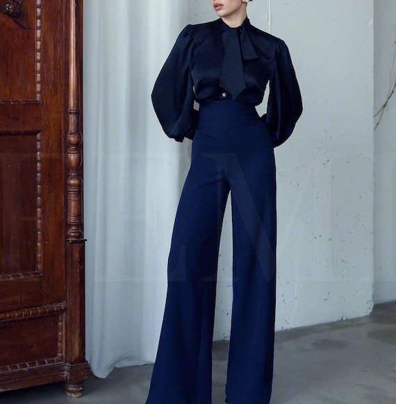 formal dress slacks and blouse Navy Blue High Waist Wide Leg Pants, Tailored Trousers with Draped Waist, Elegant Blue Pants for Formal Events or Office Wear beauty pageant dresses