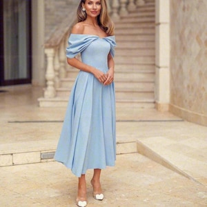Sky Blue Tea Length Dress - Off Shoulder Midi Dress for Bridal Showers, Elegant Receptions, Blue Midi Dress for Garden Parties and Weddings