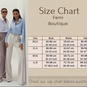 May include: A size chart from Femi Boutique, with bust, waist, and hip measurements in both centimeters and inches. The chart includes sizes XS to L. Two models are wearing white and light blue shirts with high-waisted pants.