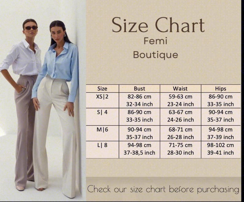 May include: A size chart from Femi Boutique, with bust, waist, and hip measurements in both centimeters and inches. The chart includes sizes XS to L. Two models are wearing white and light blue shirts with high-waisted pants.