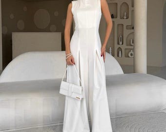 Sophisticated White Wedding Jumpsuit, Sleeveless Jumpsuit With Wide Leg Pants , Bridesmaid Jumpsuit , Wedding Party Jumpsuit