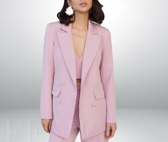 Dusty Pink Formal Pantsuit, Three Piece Suit, Powder Double Breast