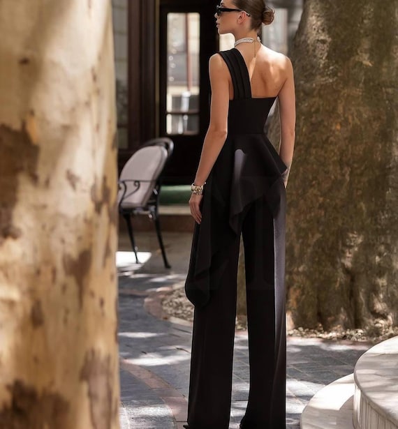 White Civil Ceremony Suit - One Shoulder Peplum Top With Wide Leg