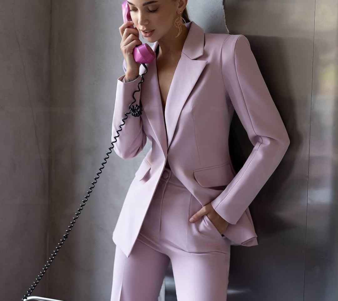 Pastel Pink Women Pantsuit - Two Piece Suit With Single Breast Blazer ...