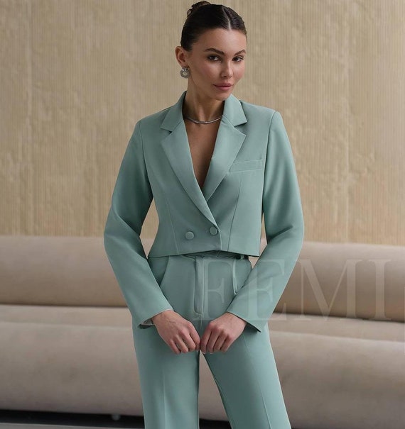 Olive Formal Women Suit Cropped Blazer with High Rise Pants For Special  Occasion Birthday Outfit Wedding Guest Mona Model - Main Image