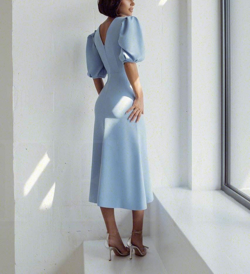 short sleeve blue wedding guest dress Short Sleeve Ruffle Sweetheart A-Line High Stretch Midi Wedding Guest