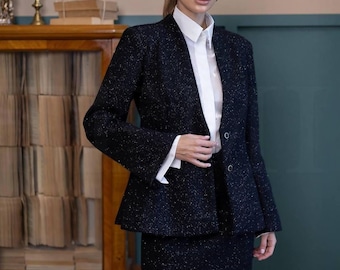 Black Lurex Tweed Blazer and Mini Skirt Set : Classy Office Women Suit , Elegant Outfit for Formal Events