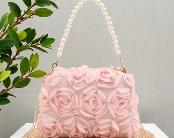 Pink Rose Flower Purse with Pearl Handle Elegant Floral Handbag for Weddings Parties and Special Occasions