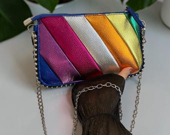 Colorful Metallic Rainbow Clutch Bag with Chain Strap Trendy Evening Purse Party Crossbody Handbag