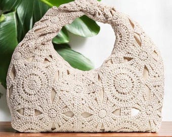 Boho Crochet Handbag Vintage Style Knitted Purse Handcrafted Woven Tote Bag Floral Pattern Bohemian Chic Shoulder Bag Summer Fashion