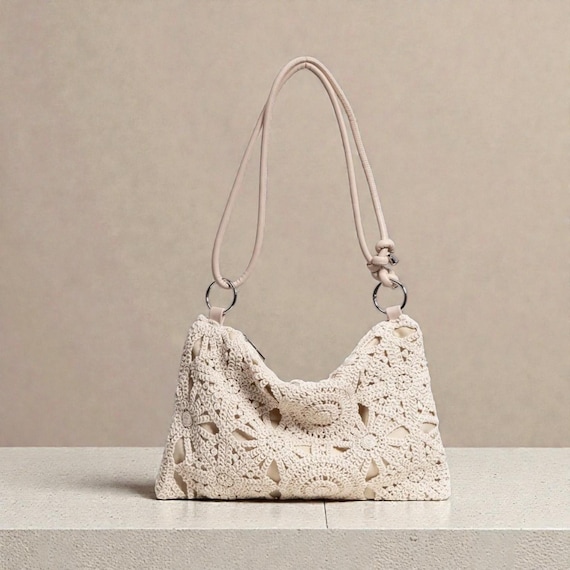 Handmade Crochet Shoulder Bag Boho Knit Purse Vintage Style Tote Summer Beach Handbag Gift for Her