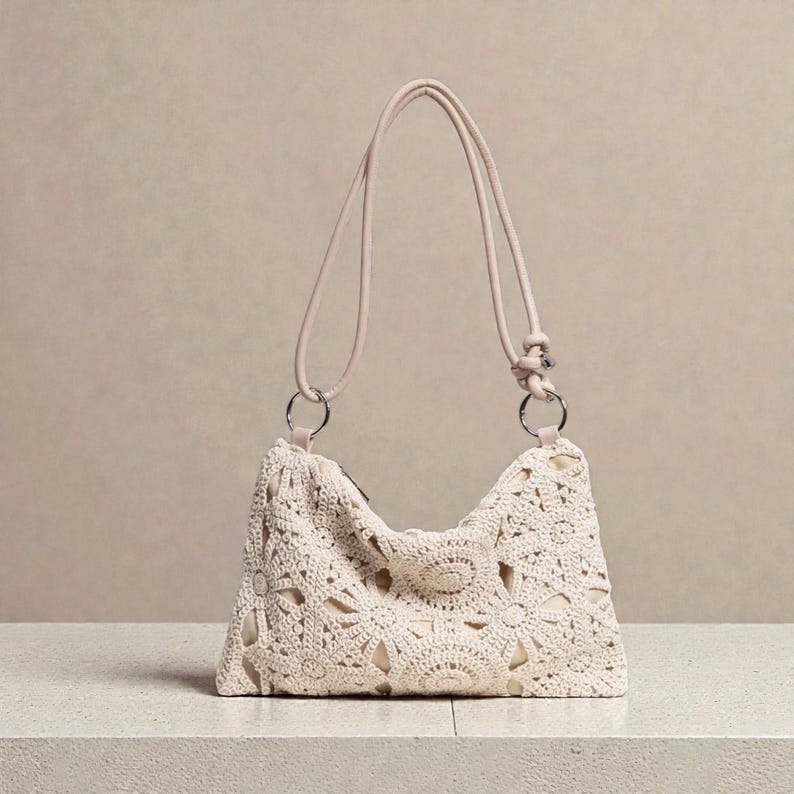 Handmade Crochet Shoulder Bag Boho Knit Purse Vintage Style Tote Summer Beach Handbag Gift for Her image 1